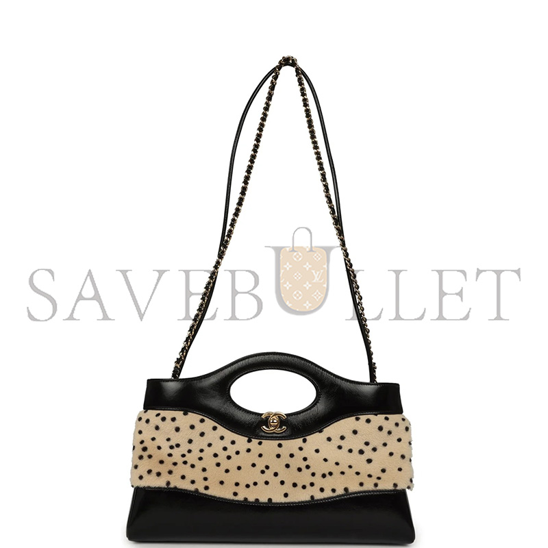Ch**el CHEETAH PRINT 31 SHOPPER BEIGE CALF HAIR, BLACK SHINY LAMBSKIN GOLD HARDWARE AS6361 (32*22*6.5cm)